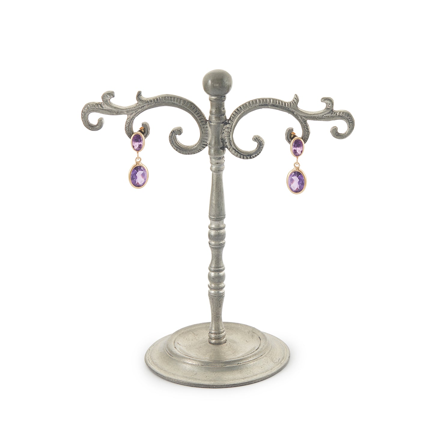 Dainty vintage 9ct gold drop earrings, each with two tube-set faceted purple amethyst stones.