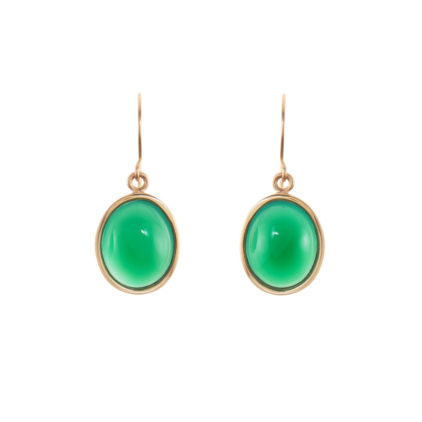 Classic vintage 9ct yellow gold earrings with shepherd hooks, each set with a vibrant green cabochon chrysoprase stone.