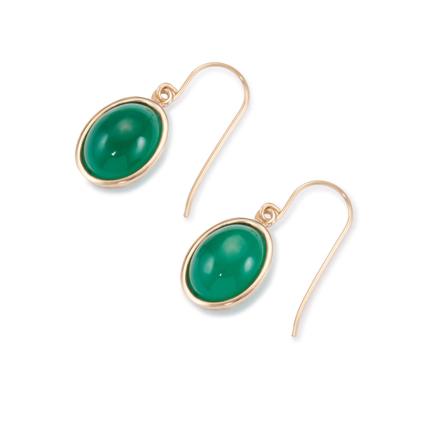 Classic vintage 9ct yellow gold earrings with shepherd hooks, each set with a vibrant green cabochon chrysoprase stone.