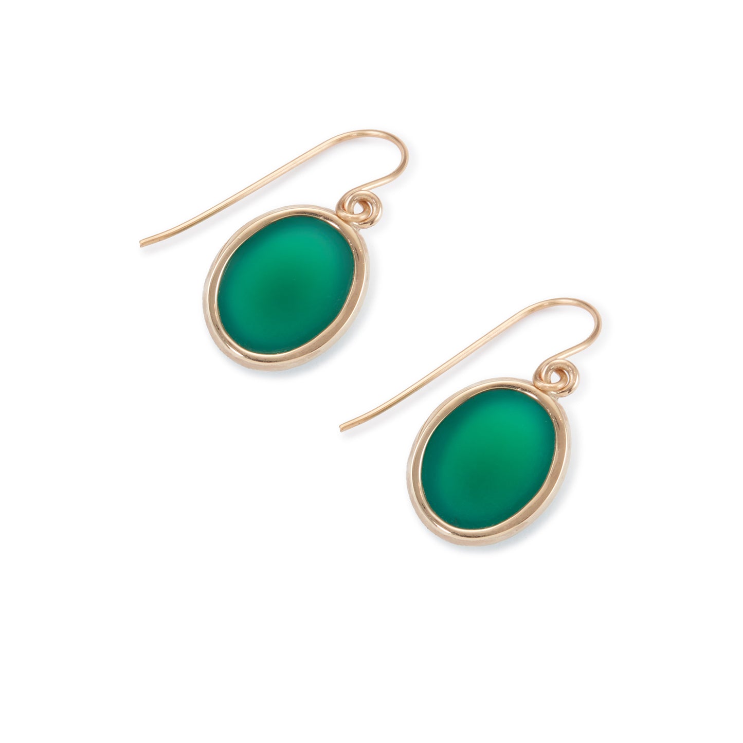 Classic vintage 9ct yellow gold earrings with shepherd hooks, each set with a vibrant green cabochon chrysoprase stone.