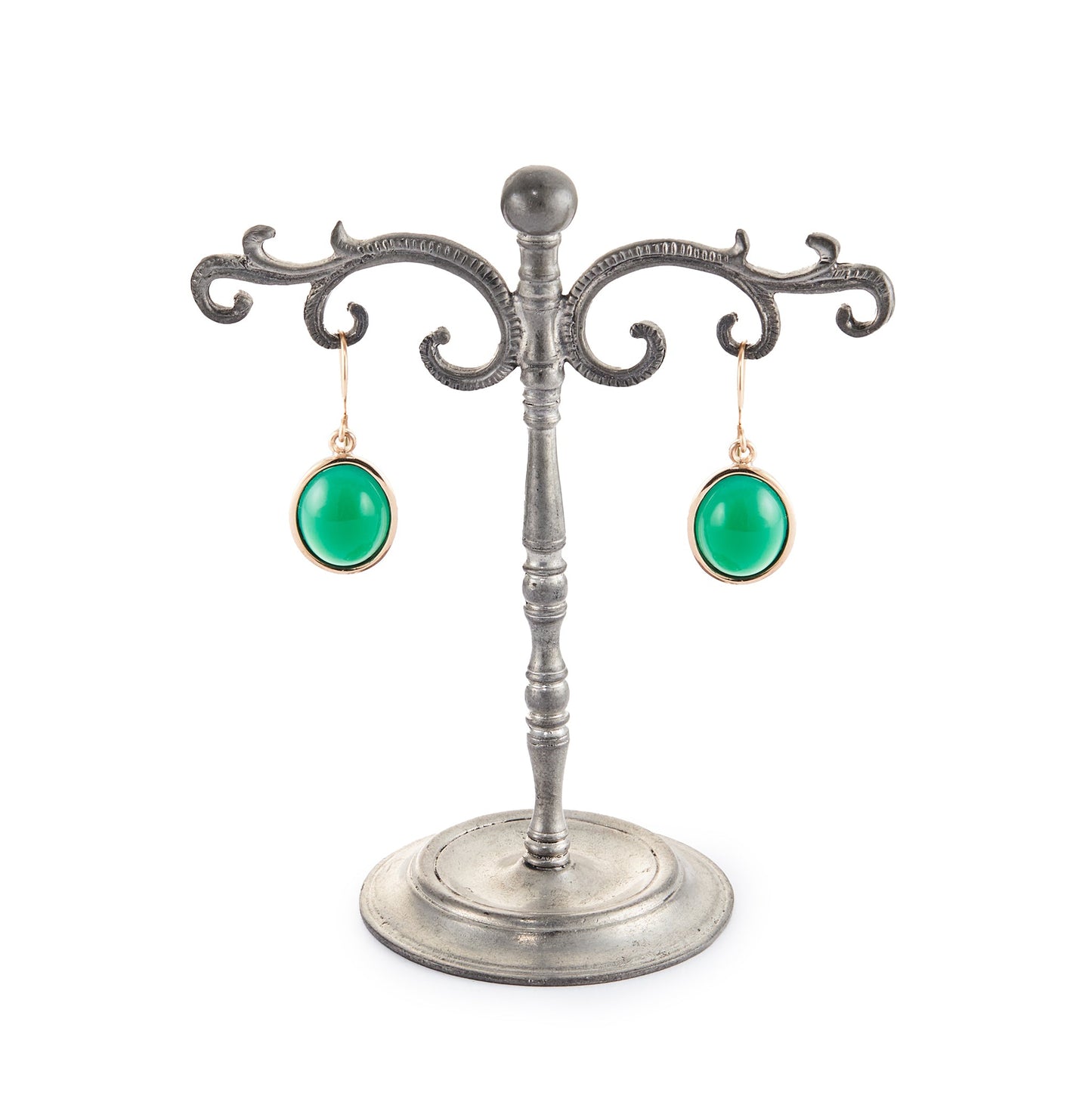 Classic vintage 9ct yellow gold earrings with shepherd hooks, each set with a vibrant green cabochon chrysoprase stone.