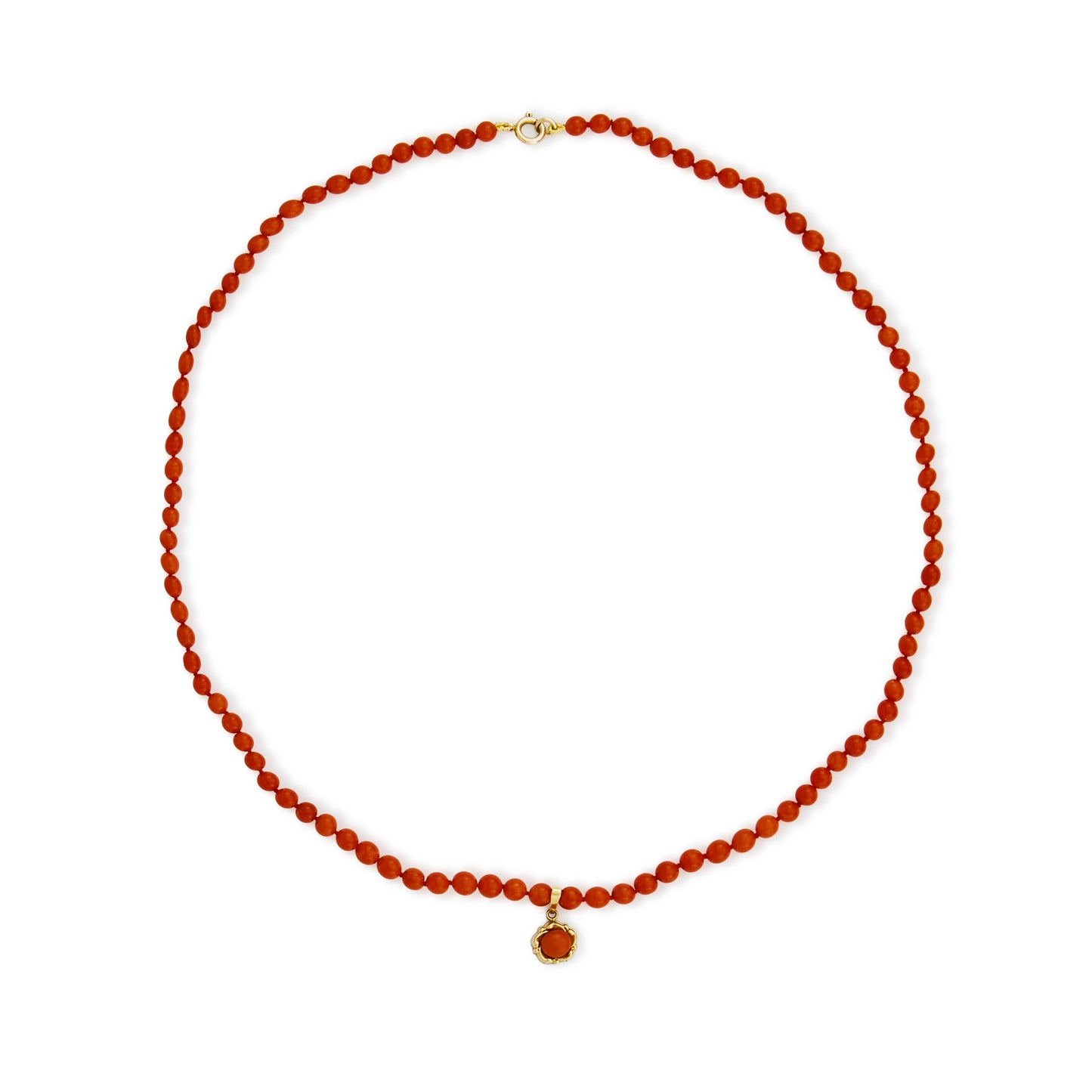 Natural red Mediterranean coral beads with a 9ct gold and coral pendant and a 9ct gold bolt ring clasp.