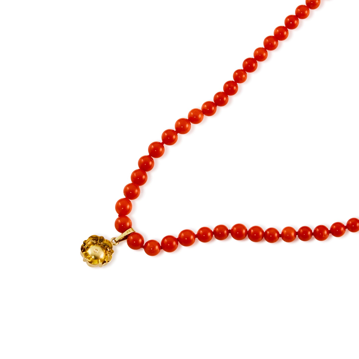 Natural red Mediterranean coral beads with a 9ct gold and coral pendant and a 9ct gold bolt ring clasp.