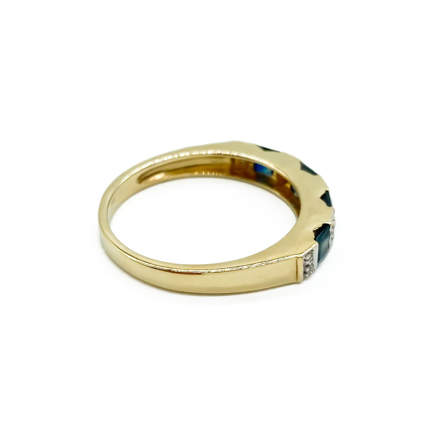 Classic vintage 9ct gold half eternity ring set with ten tiny diamonds and four natural, square sapphires.&nbsp;