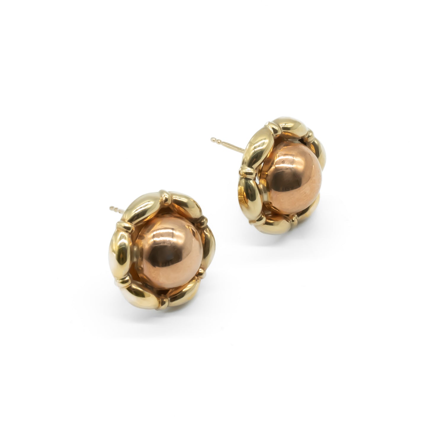 Classic 9ct yellow gold stud earrings with rose gold domes in centre.