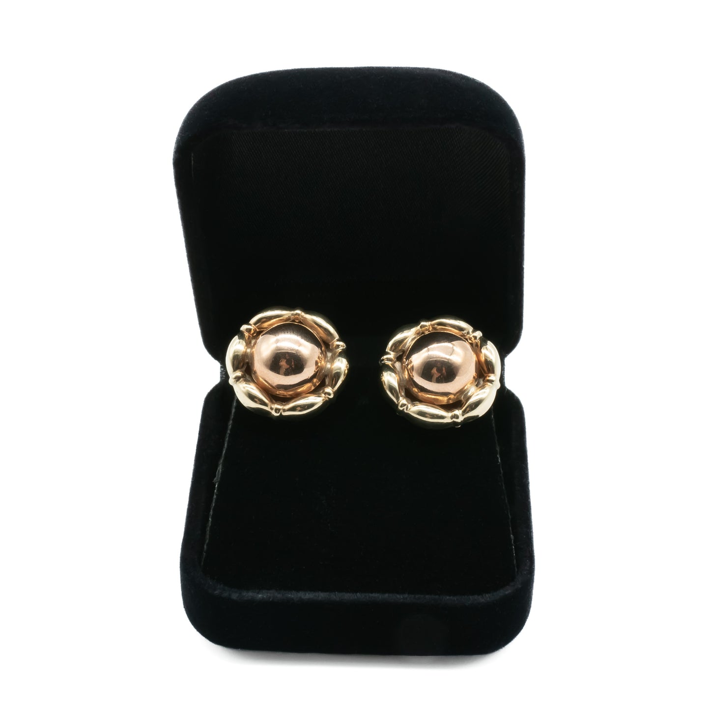 Classic 9ct yellow gold stud earrings with rose gold domes in centre.