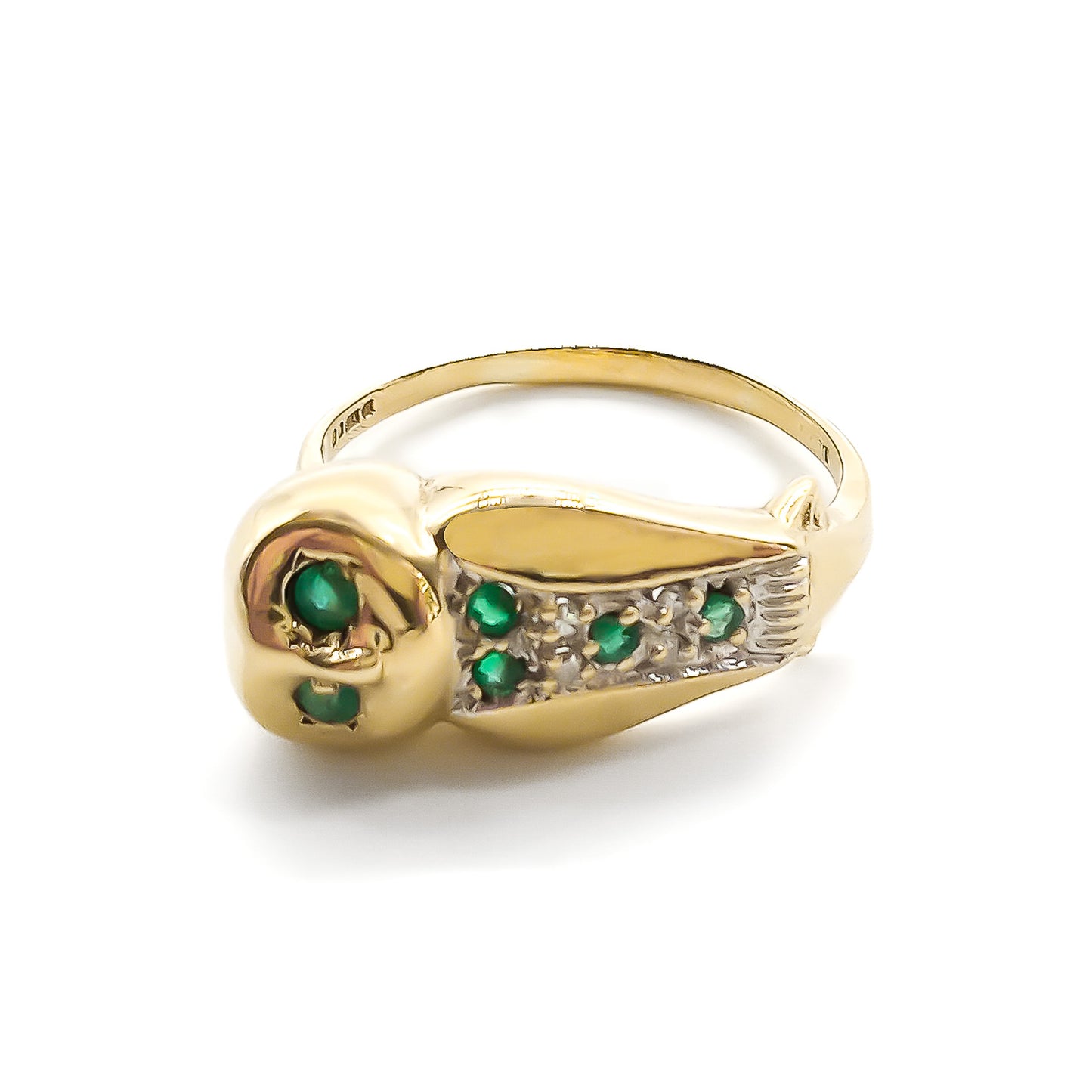 Charming vintage 9ct yellow gold ring in the shape of an owl, set with six emeralds and four small diamonds.