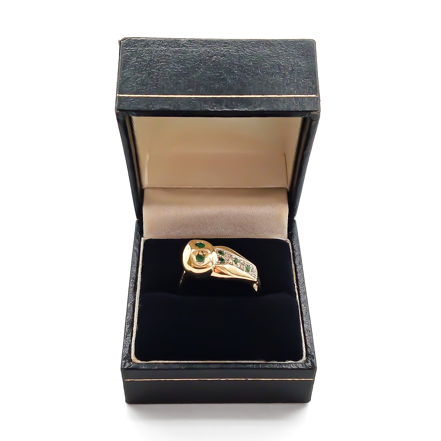 Charming vintage 9ct yellow gold ring in the shape of an owl, set with six emeralds and four small diamonds.