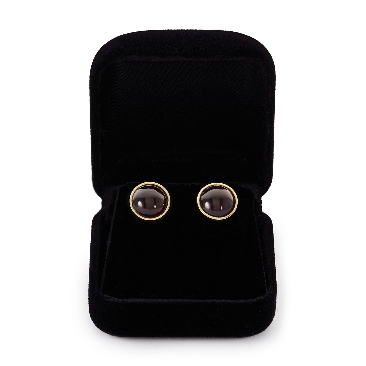 Stylish 9ct gold stud earrings, each set with a lovely, deep-red, round cabochon garnet.