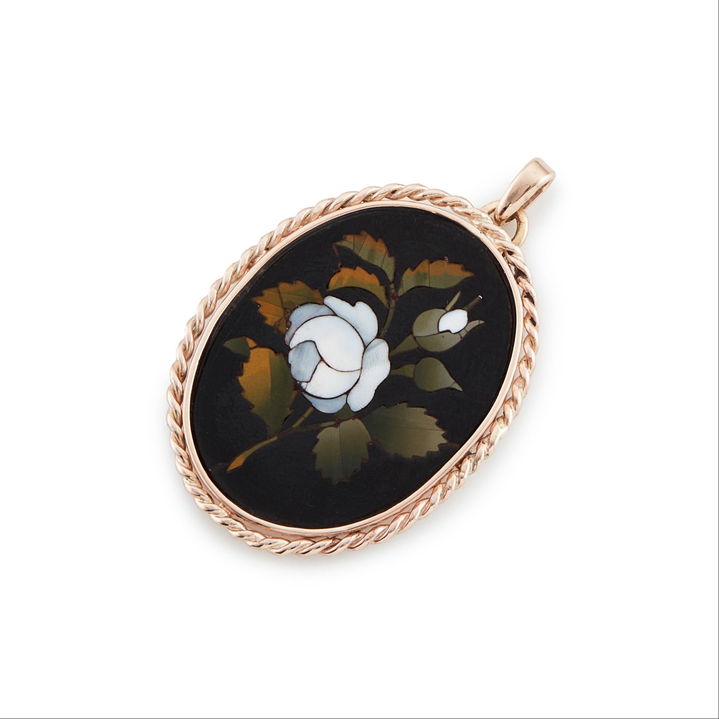 Exquisite vintage pendant with an oval Pietra Dura disk depicting flowers and leaves, in a rose gold wire setting.