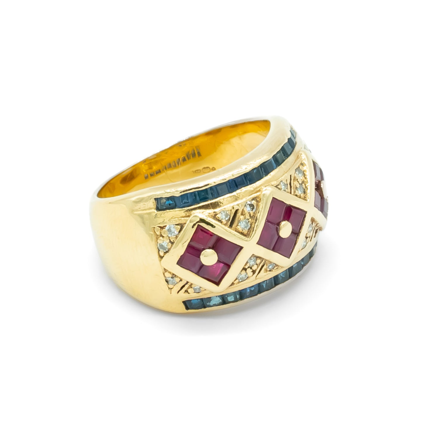 Stunning 9ct yellow gold ring set with twelve square rubies, twenty-two rectangular sapphires and twenty small diamonds.