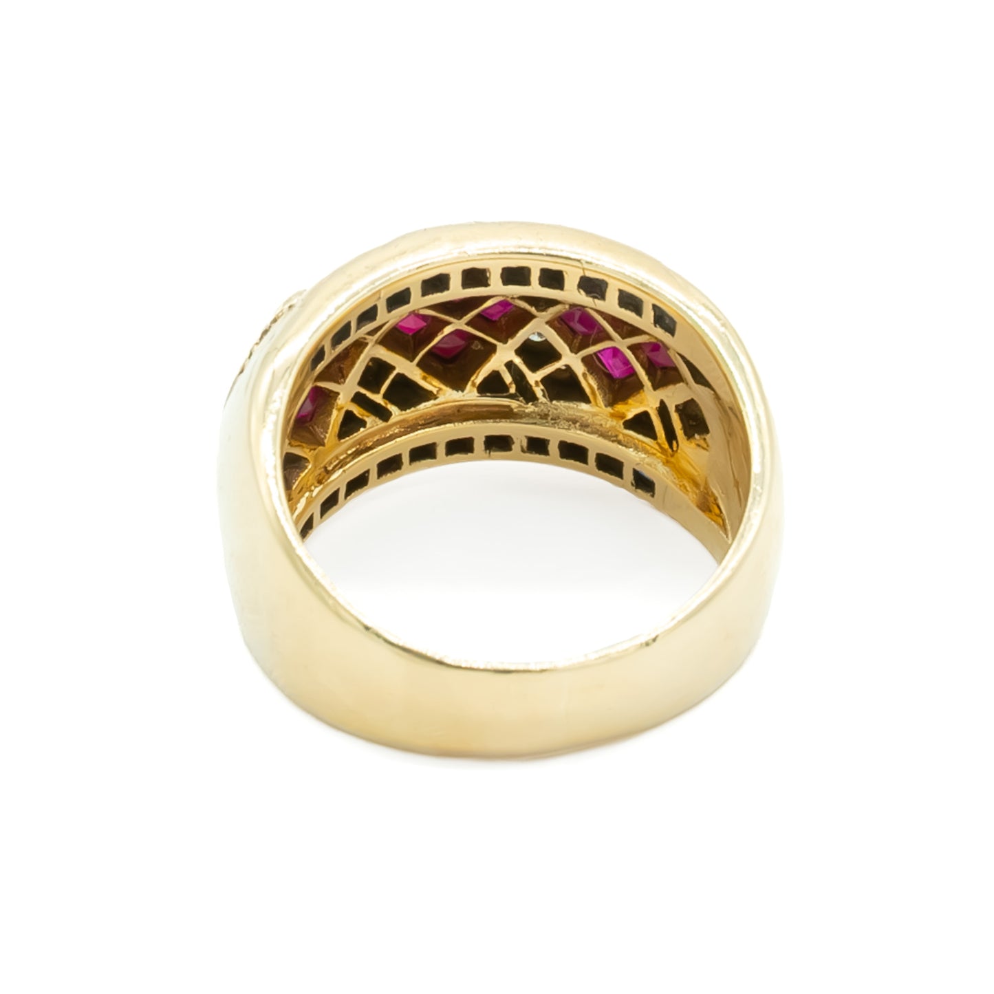 Stunning 9ct yellow gold ring set with twelve square rubies, twenty-two rectangular sapphires and twenty small diamonds.