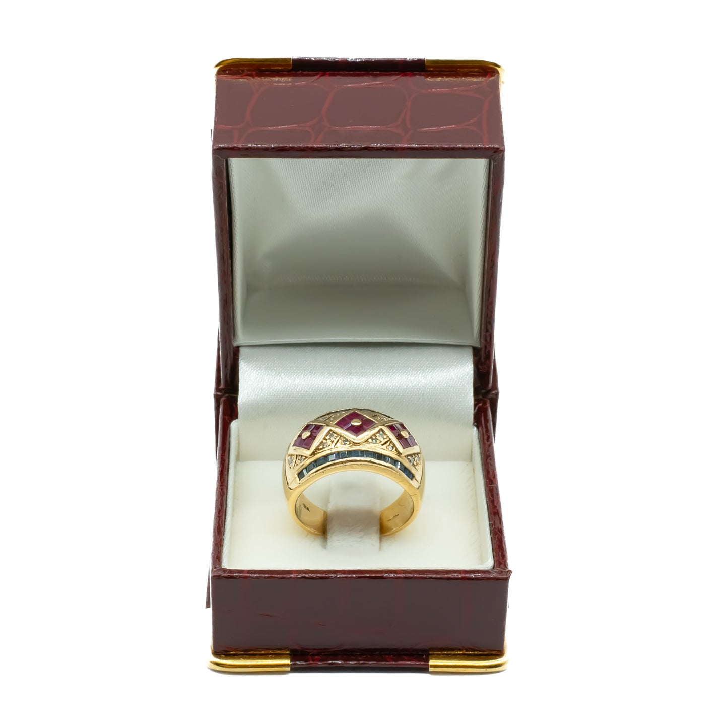 Stunning 9ct yellow gold ring set with twelve square rubies, twenty-two rectangular sapphires and twenty small diamonds.