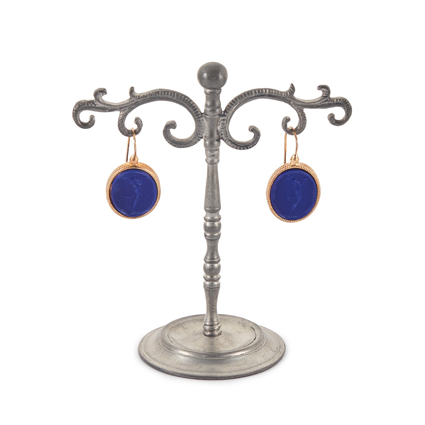 Stylish lapis glass intaglios drop earrings set in vintage 9ct gold vermeil (gold plated on silver). Made by Italian designer Marcello Fontana.