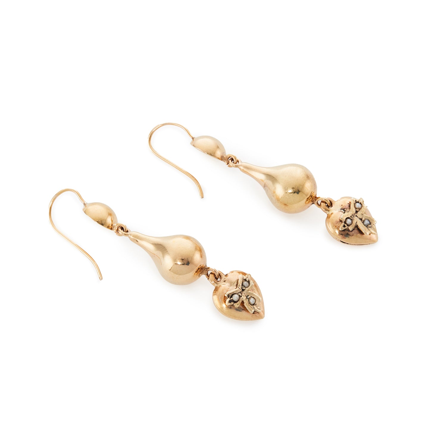 Stunning vintage 9ct yellow gold drop earrings, each with a dangling heart that is set with three seed pearls.