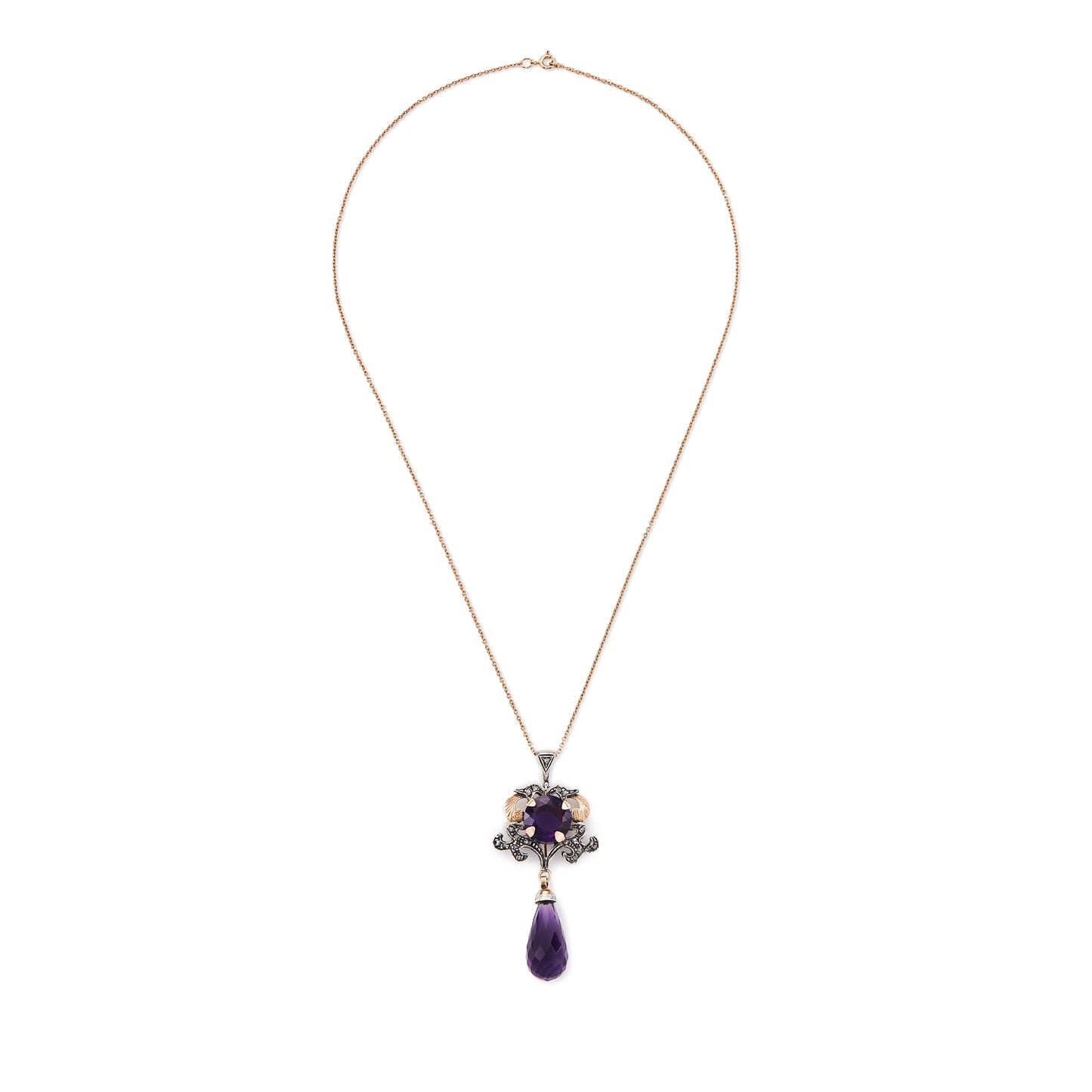 Magnificent 9ct gold and silver vintage pendant set with a round amethyst stone and eighteen mine cut diamonds. Enhanced with a beautifully faceted amethyst drop.