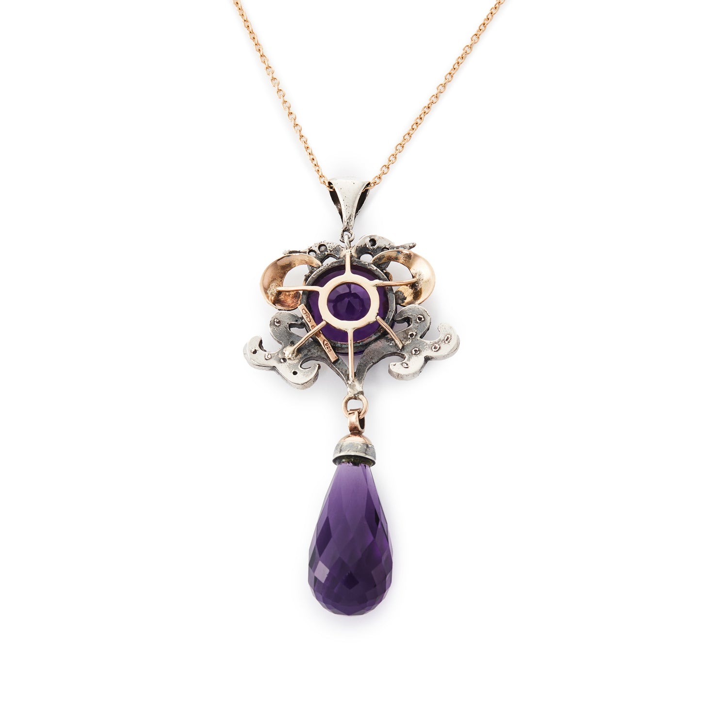 Magnificent 9ct gold and silver vintage pendant set with a round amethyst stone and eighteen mine cut diamonds. Enhanced with a beautifully faceted amethyst drop.