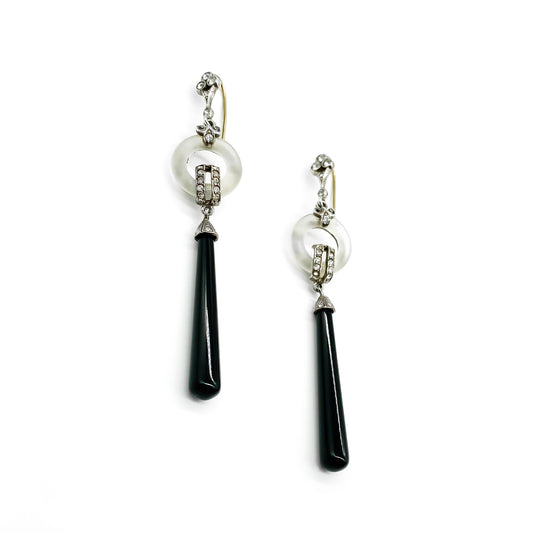 Stunning Art Deco style silver earrings set with pastes, agates and onyx drops with 9ct gold shepherd hooks.