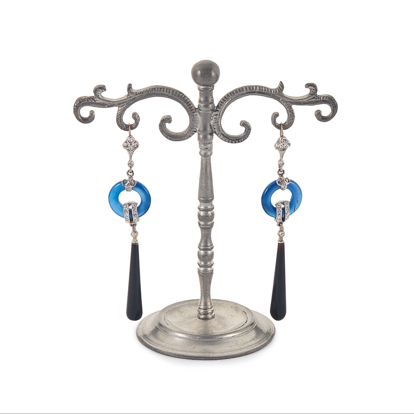 Stunning Art Deco style sterling silver earrings set with pastes, blue agates and onyx drops, with 9ct gold shepherd hooks.