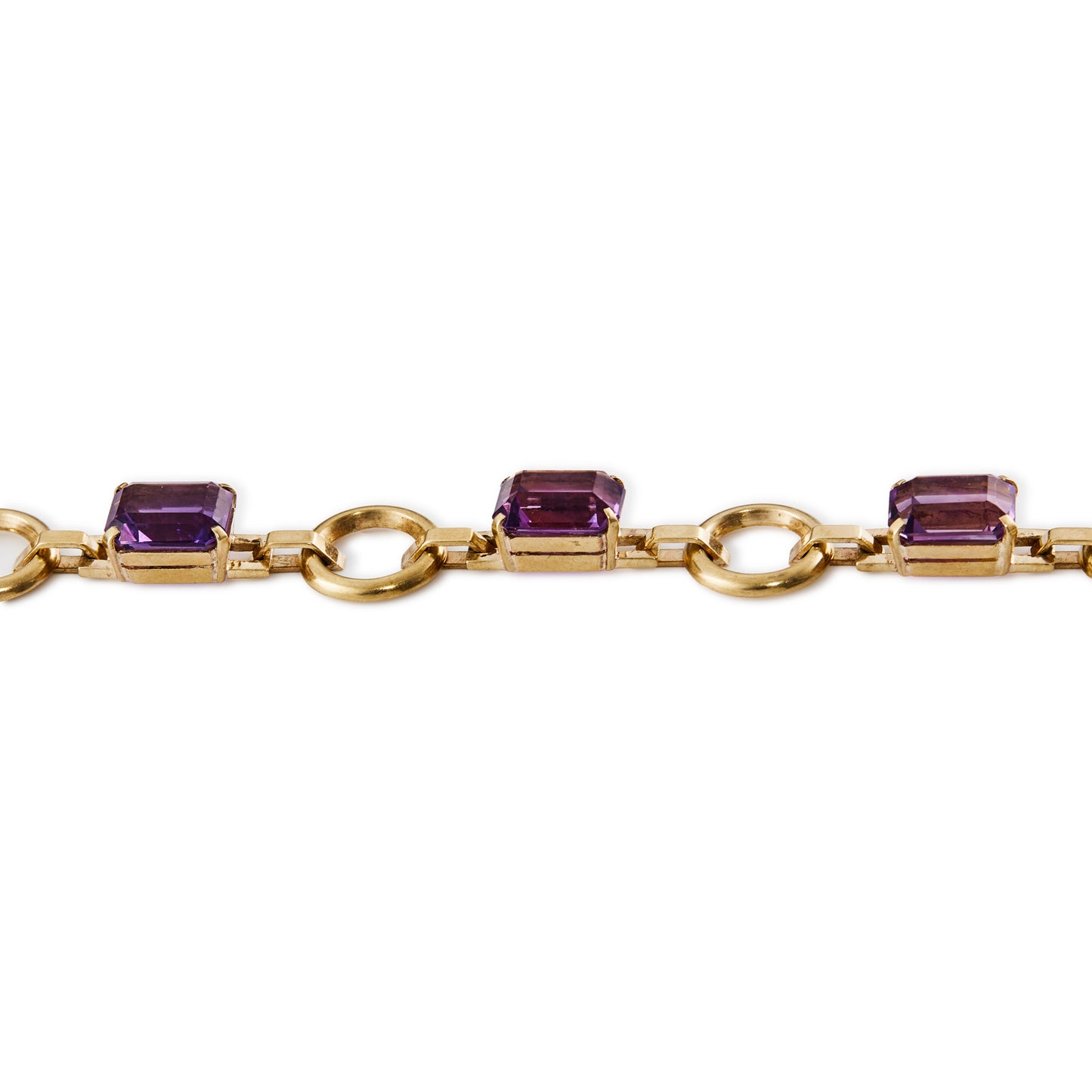 Classic 9ct rose gold bracelet set with six faceted rectangular deep purple amethysts and a bolt ring clasp.