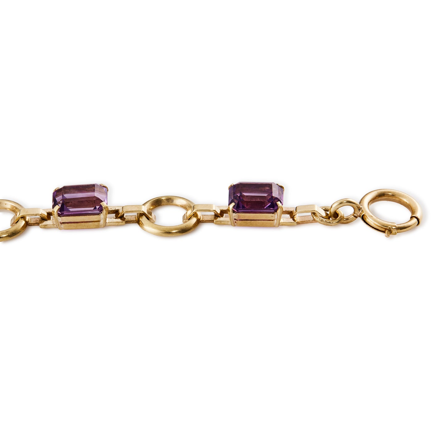 Classic 9ct rose gold bracelet set with six faceted rectangular deep purple amethysts and a bolt ring clasp.