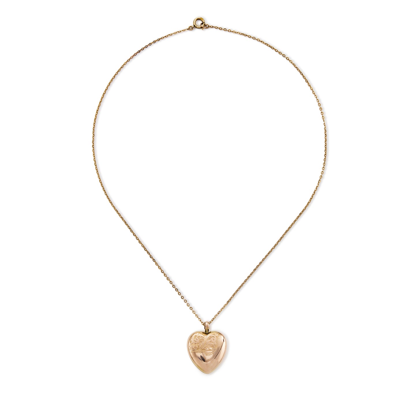 Beautifully engraved 9ct rose gold heart shaped locket on a 9ct belcher link chain. Chester 1953