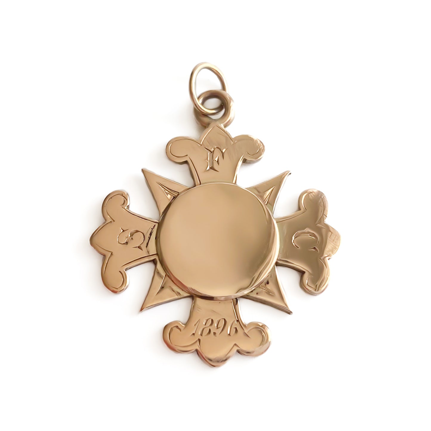 Classic 9ct rose gold medallion pendant with fancy script letters. Centre disk is ideal for engraving.