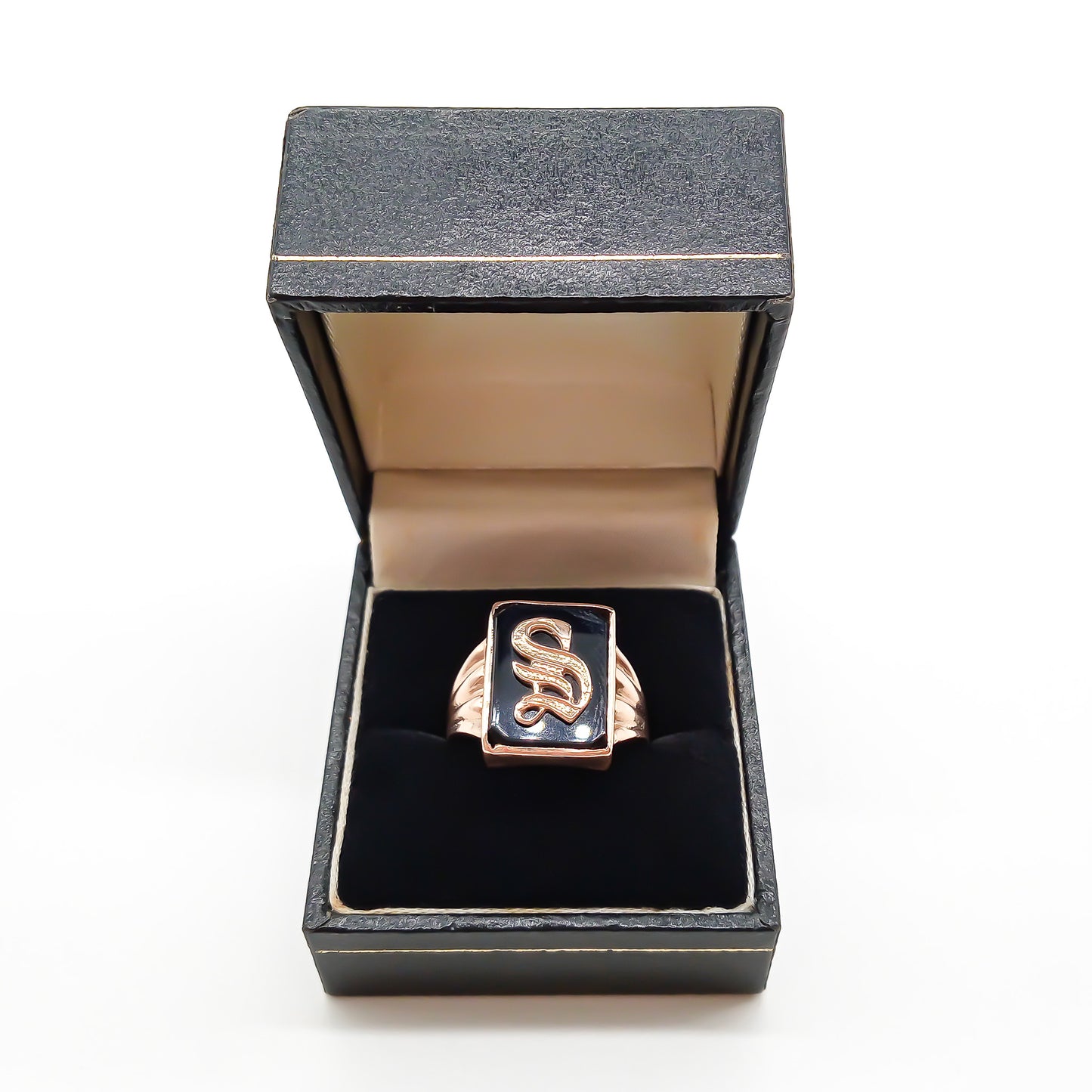 Classic 9ct Rose gold and onyx signet ring with a fancy script letter “S”. Circa 1930’s