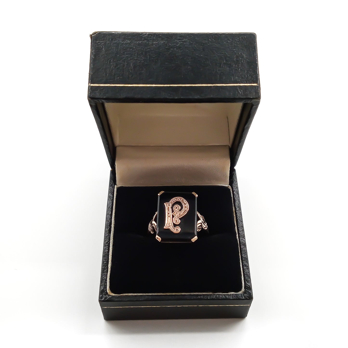 Charming 9ct rose gold and onyx signet ring with a fancy script letter “P”. Circa 1930’s