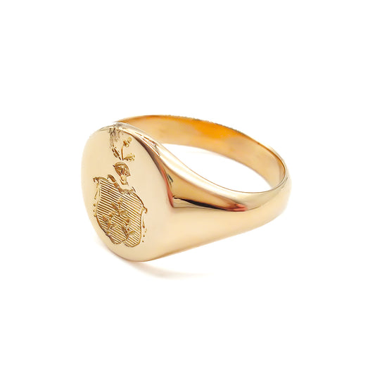 Classic 9ct rose gold signet ring engraved with a shield. Circa 1930’s