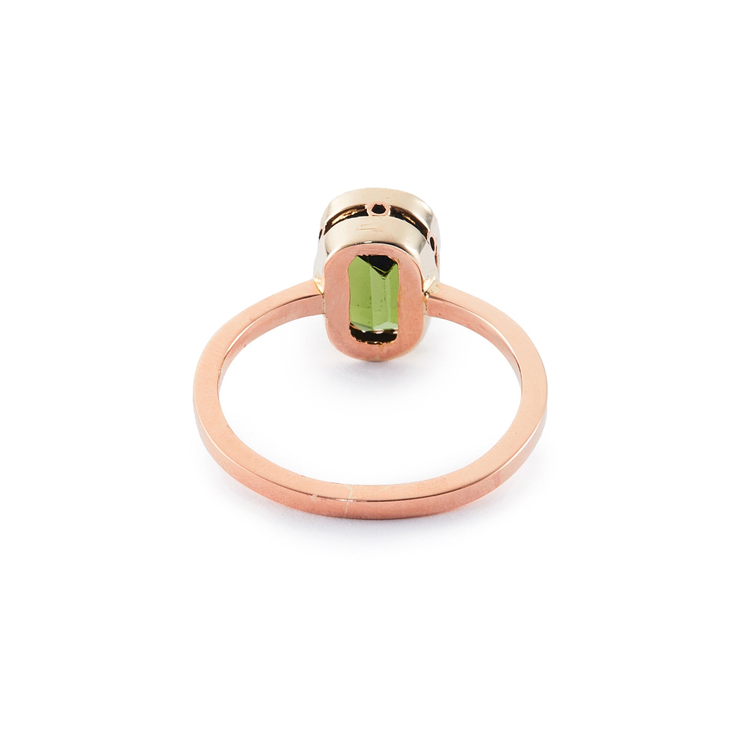 Classic 9ct rose gold ring set with a beautiful, deep green cushion-cut tourmaline.