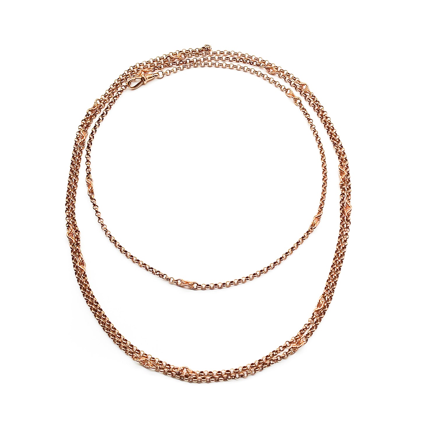 Lovely 9ct Rose Gold Victorian-style ornate link long guard chain with a dog-clip. Can be draped around the neck three times.