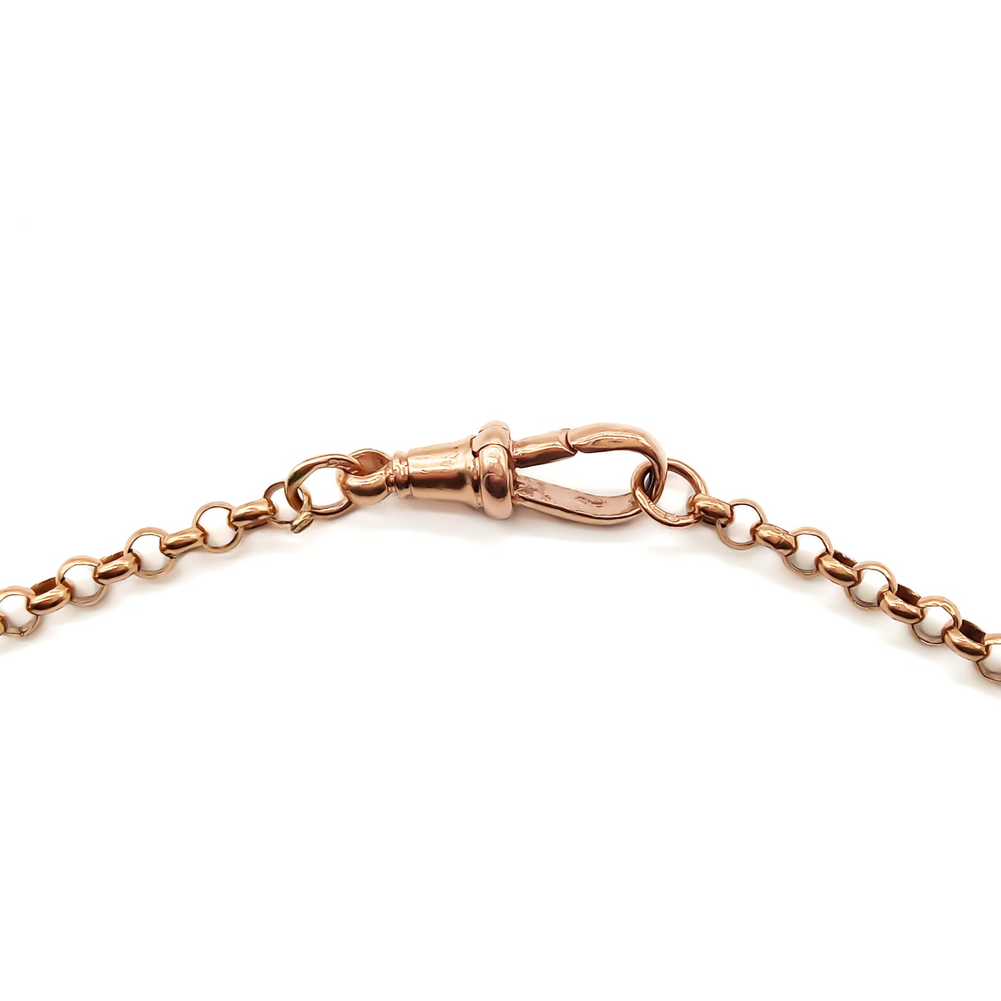 Lovely 9ct Rose Gold Victorian-style ornate link long guard chain with a dog-clip. Can be draped around the neck three times.