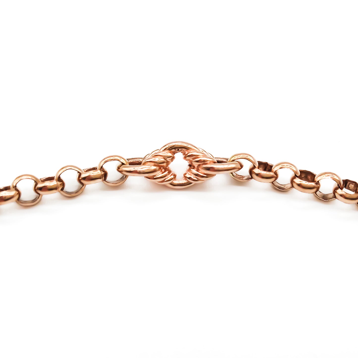 Lovely 9ct Rose Gold Victorian-style ornate link long guard chain with a dog-clip. Can be draped around the neck three times.