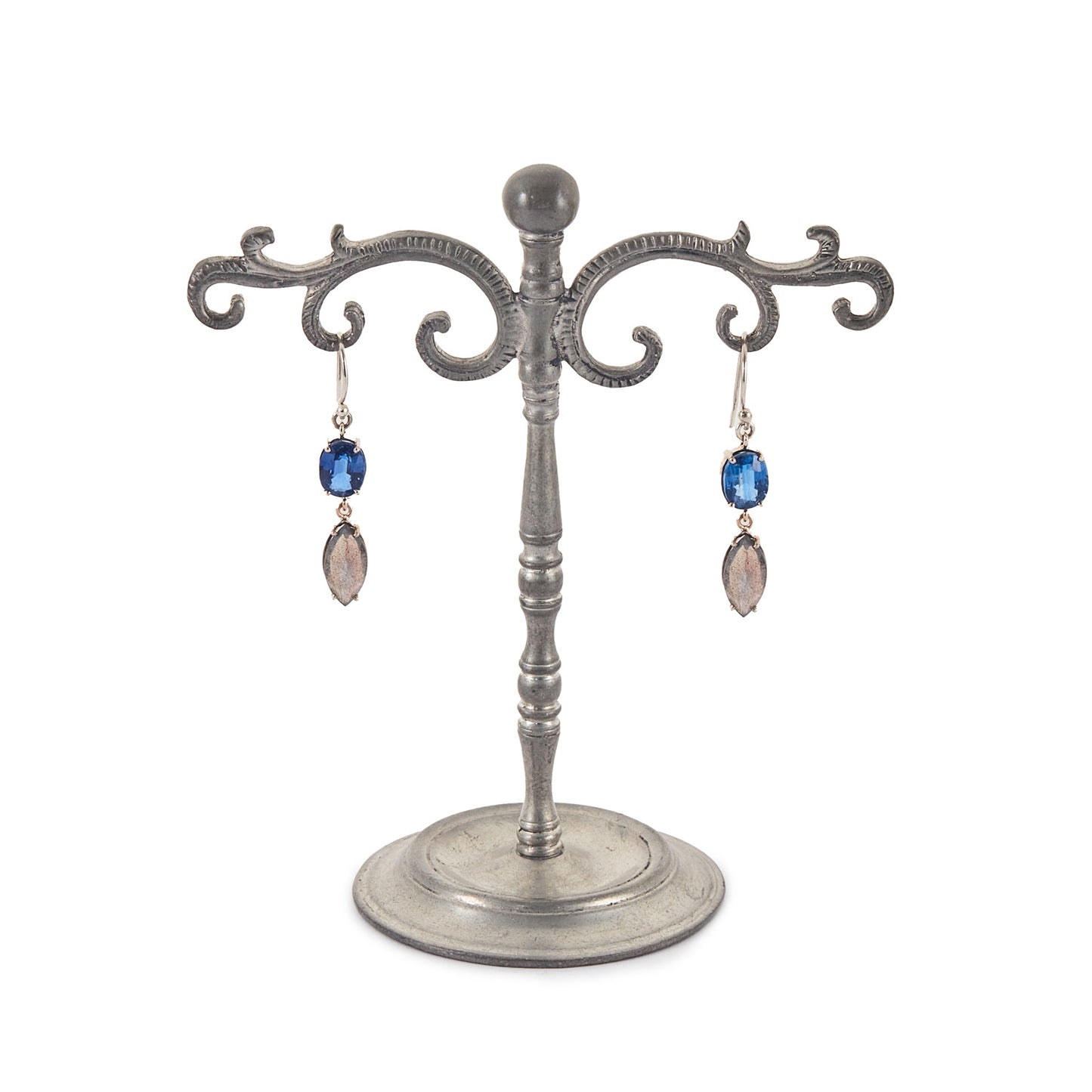 Lovely 9ct white gold earrings, each set with a beautifully faceted kyanite and labradorite gemstone.