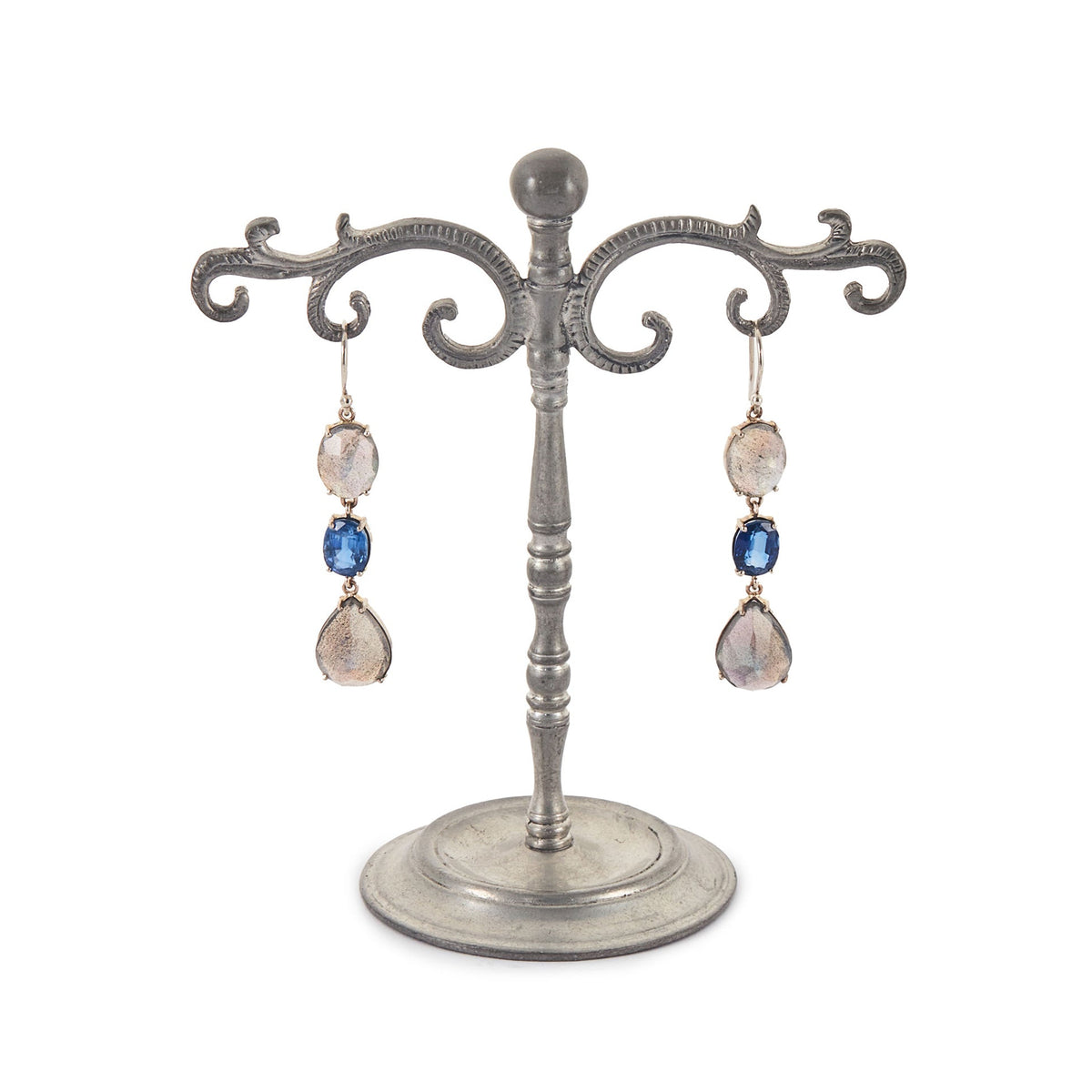 Lovely 9ct white gold earrings, each set with a beautifully faceted kyanite and two labradorite gemstones.