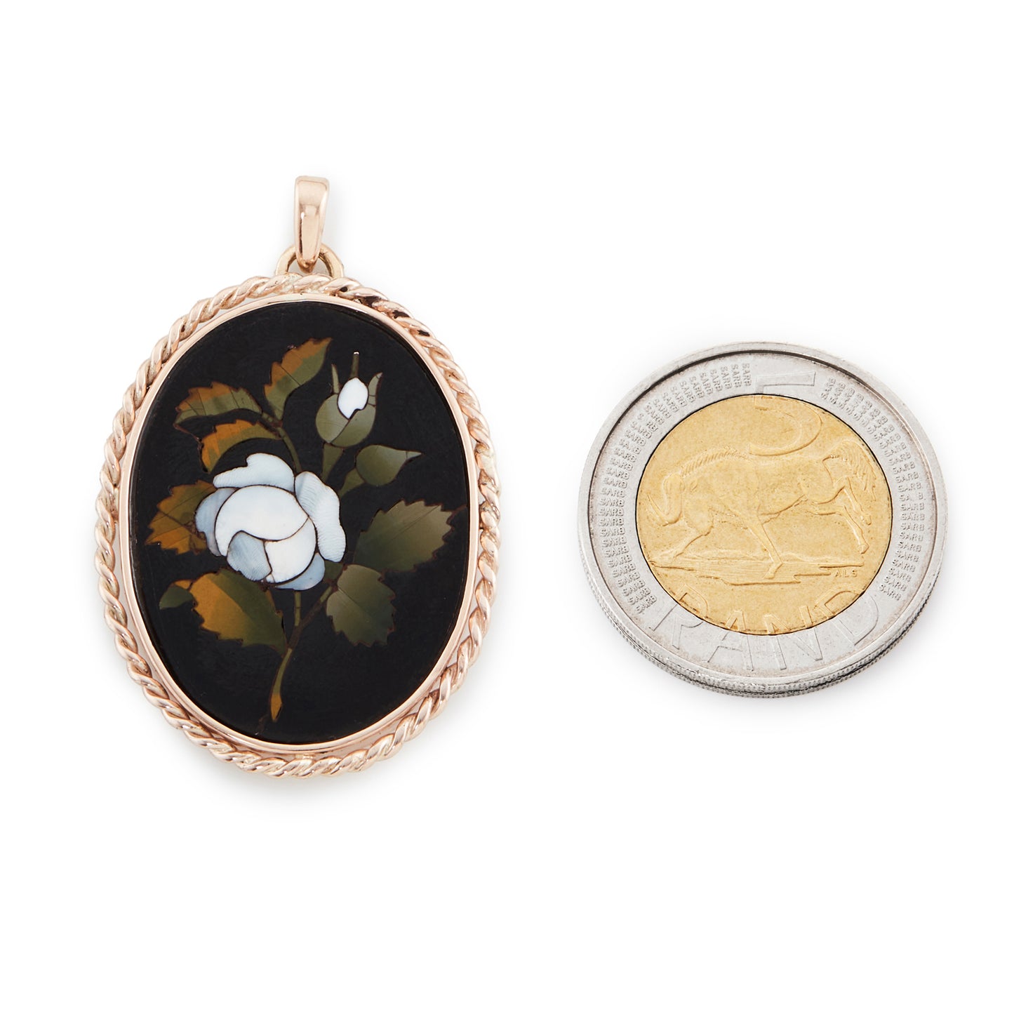 Exquisite vintage pendant with an oval Pietra Dura disk depicting flowers and leaves, in a rose gold wire setting.