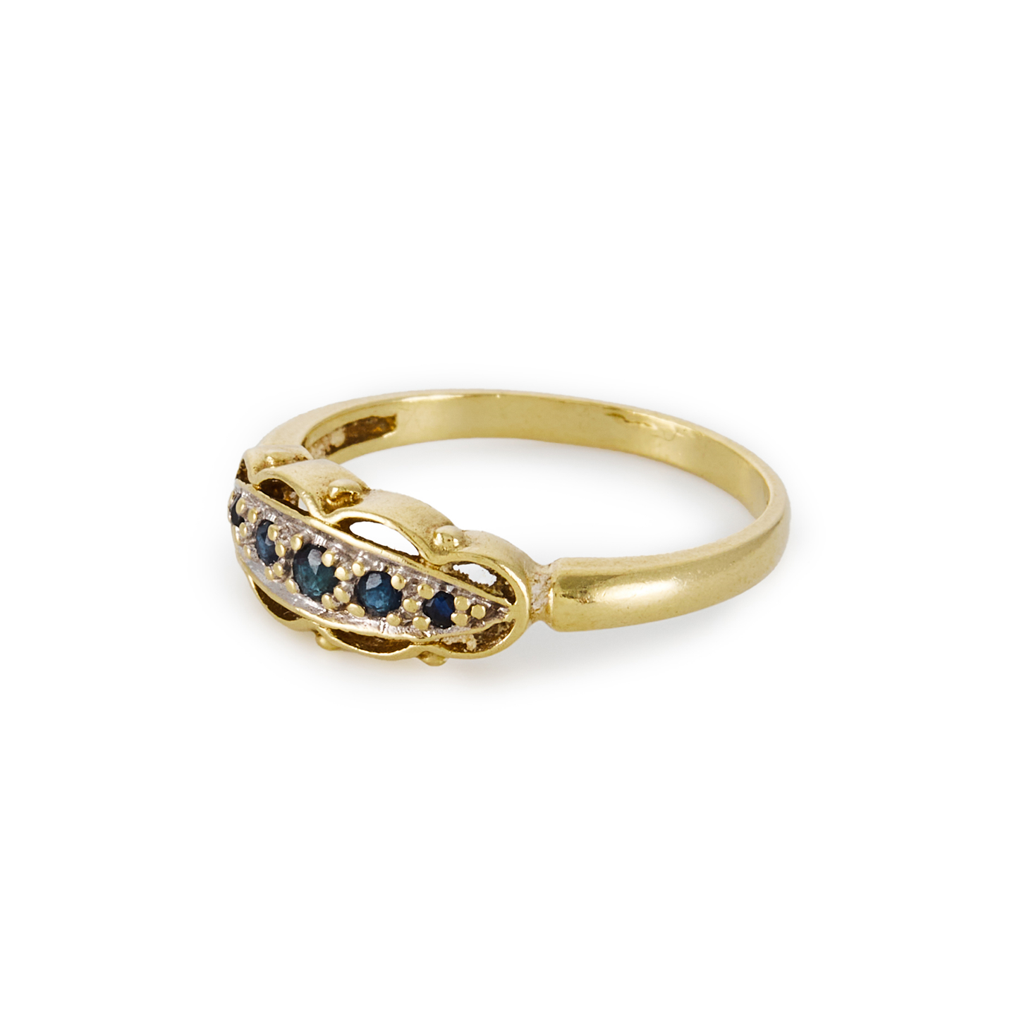 Classic vintage 9ct yellow gold ring, with five faceted sapphires in a white gold setting. Oblo