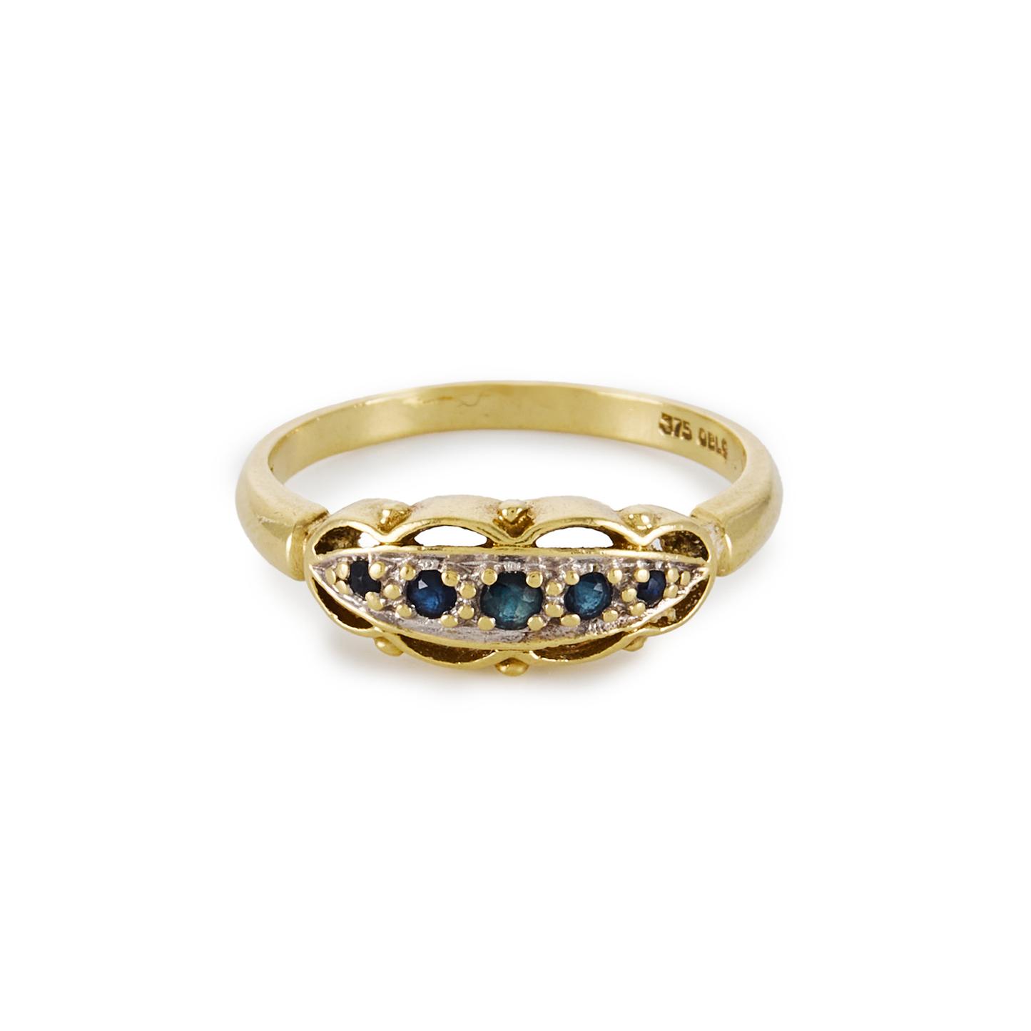 Classic vintage 9ct yellow gold ring, with five faceted sapphires in a white gold setting. Oblo