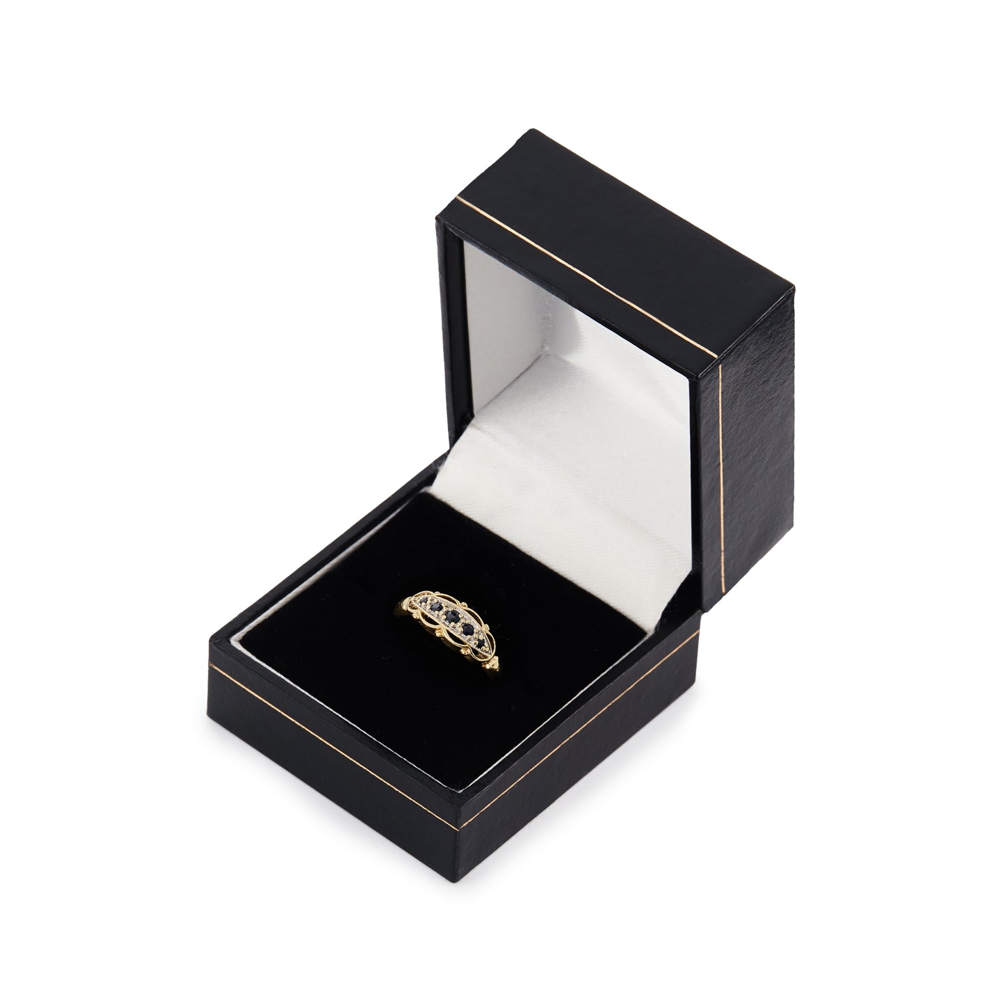 Classic vintage 9ct yellow gold ring, with five faceted sapphires in a white gold setting. Oblo