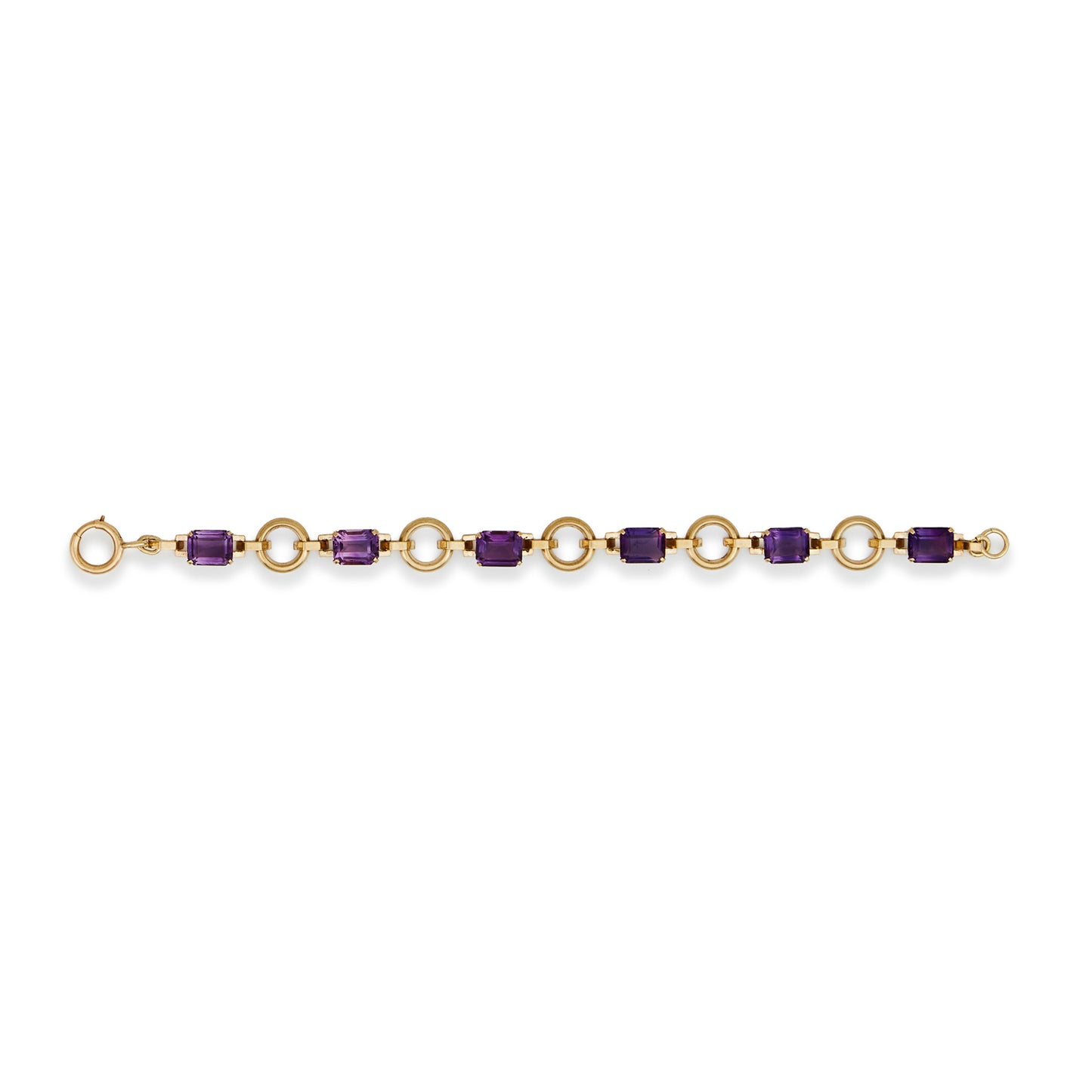 Classic 9ct rose gold bracelet set with six faceted rectangular deep purple amethysts and a bolt ring clasp.