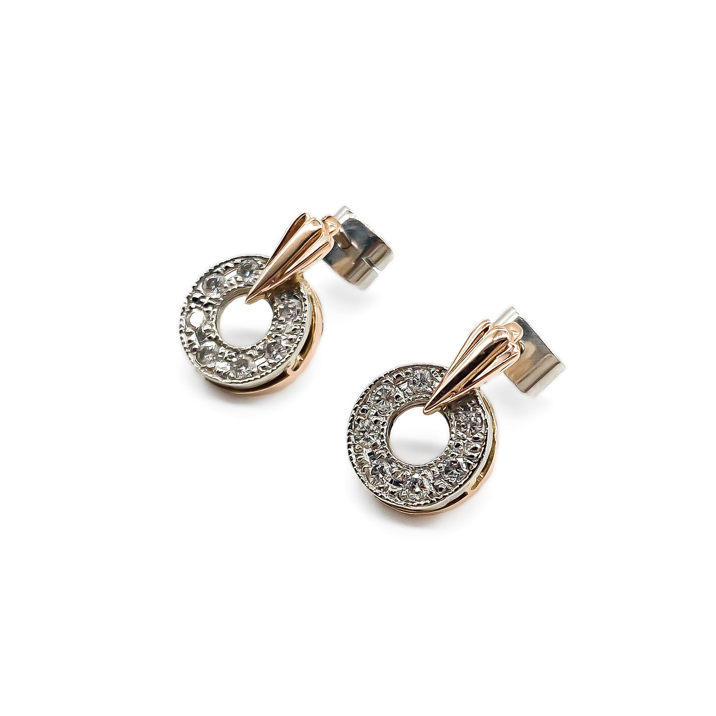 Stylish Art Deco 15ct rose and white gold drop earrings with sparkling pavé set diamonds.