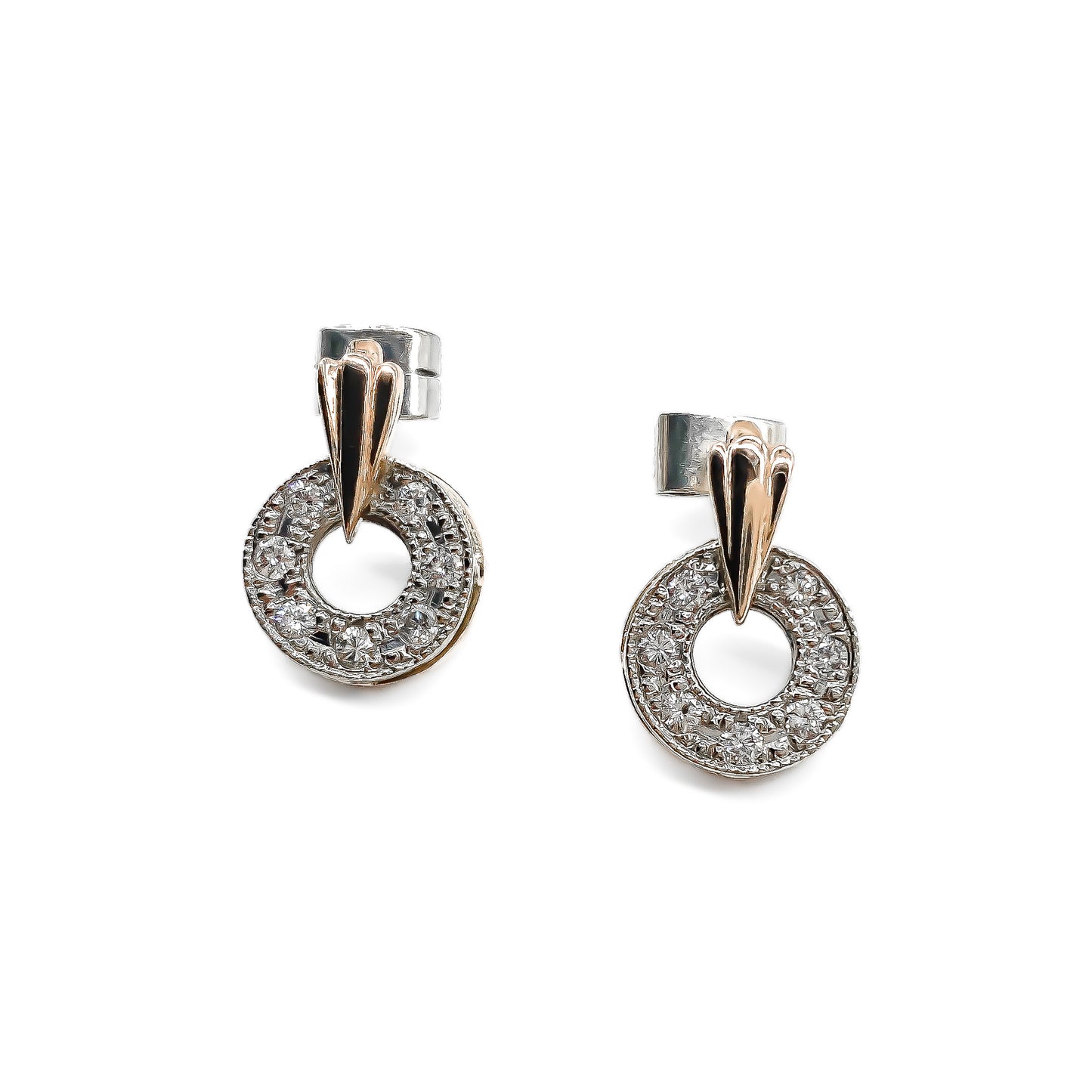 Stylish Art Deco 15ct rose and white gold drop earrings with sparkling pavé set diamonds.