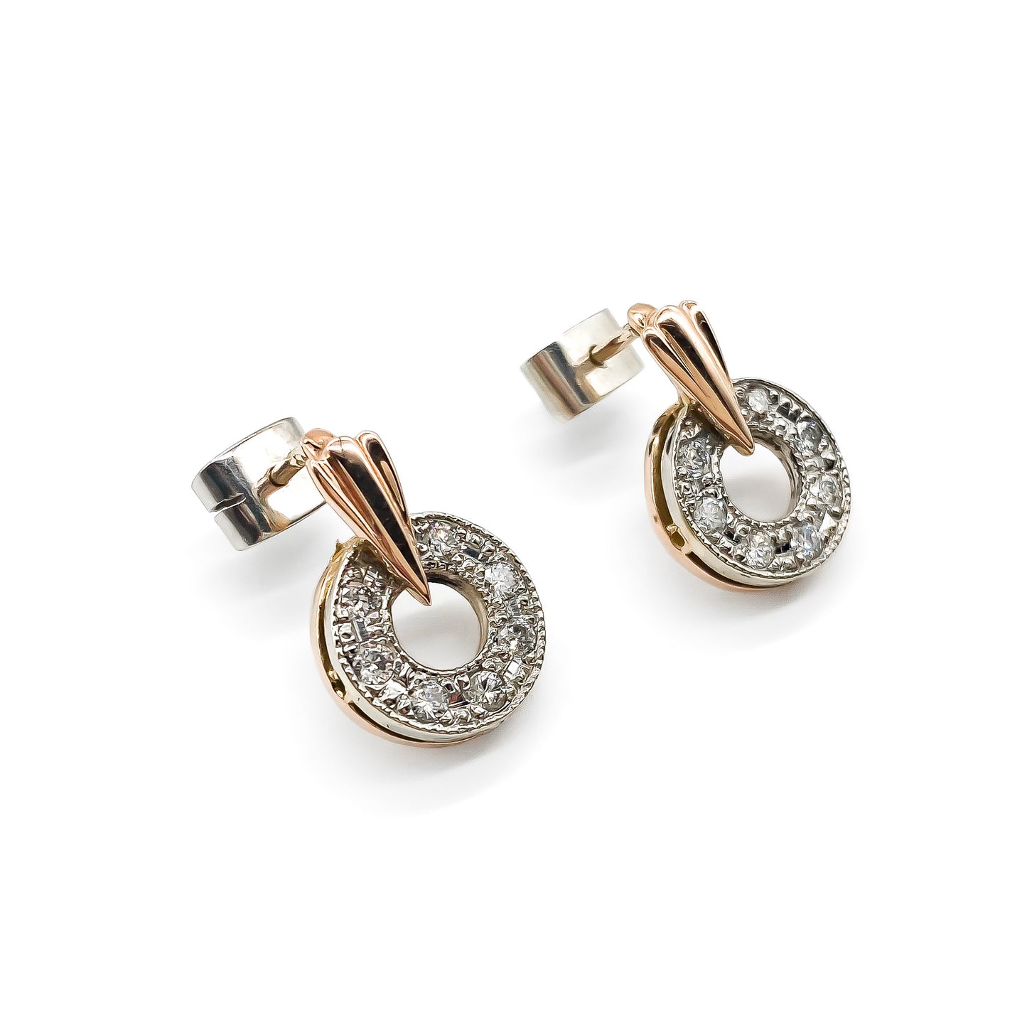 Stylish Art Deco 15ct rose and white gold drop earrings with sparkling pavé set diamonds.