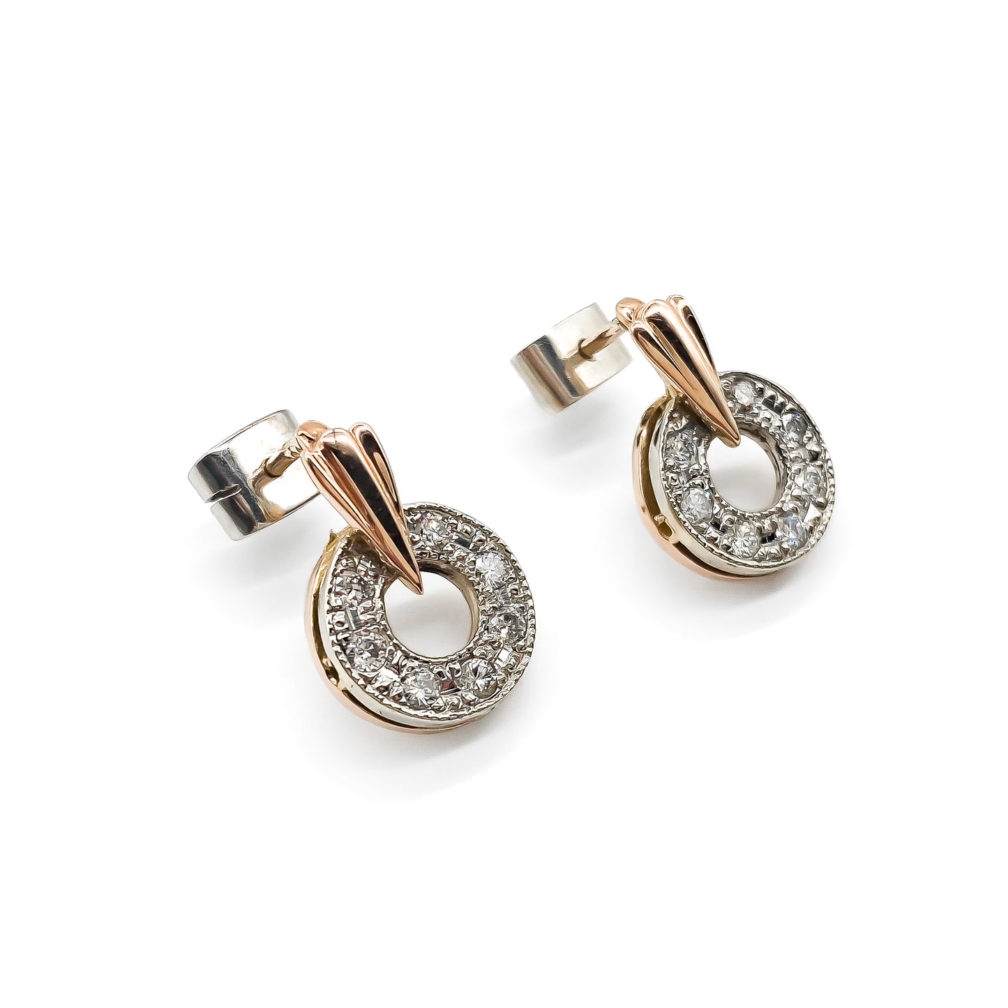 Stylish Art Deco 15ct rose and white gold drop earrings with sparkling pavé set diamonds. 