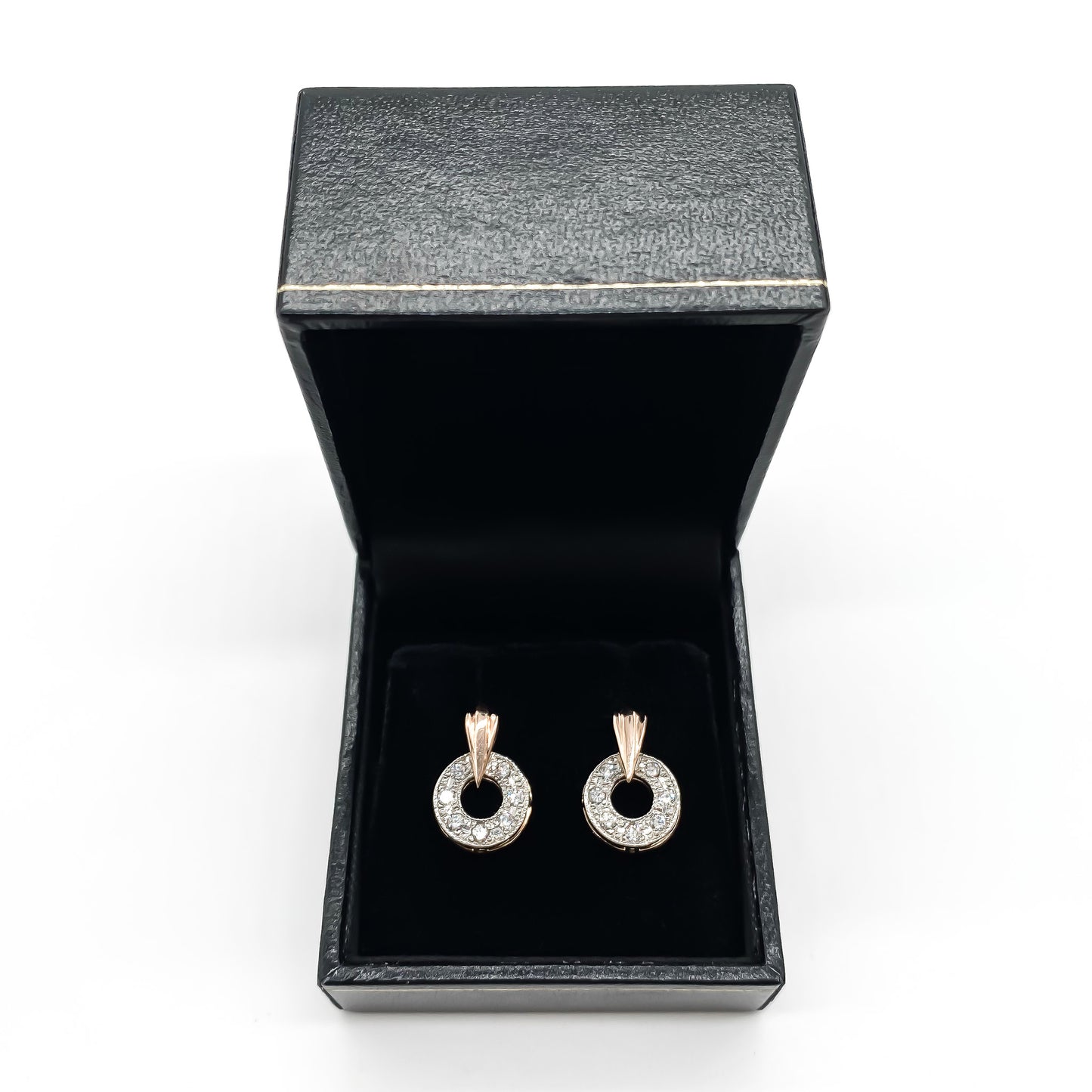 Stylish Art Deco 15ct rose and white gold drop earrings with sparkling pavé set diamonds.