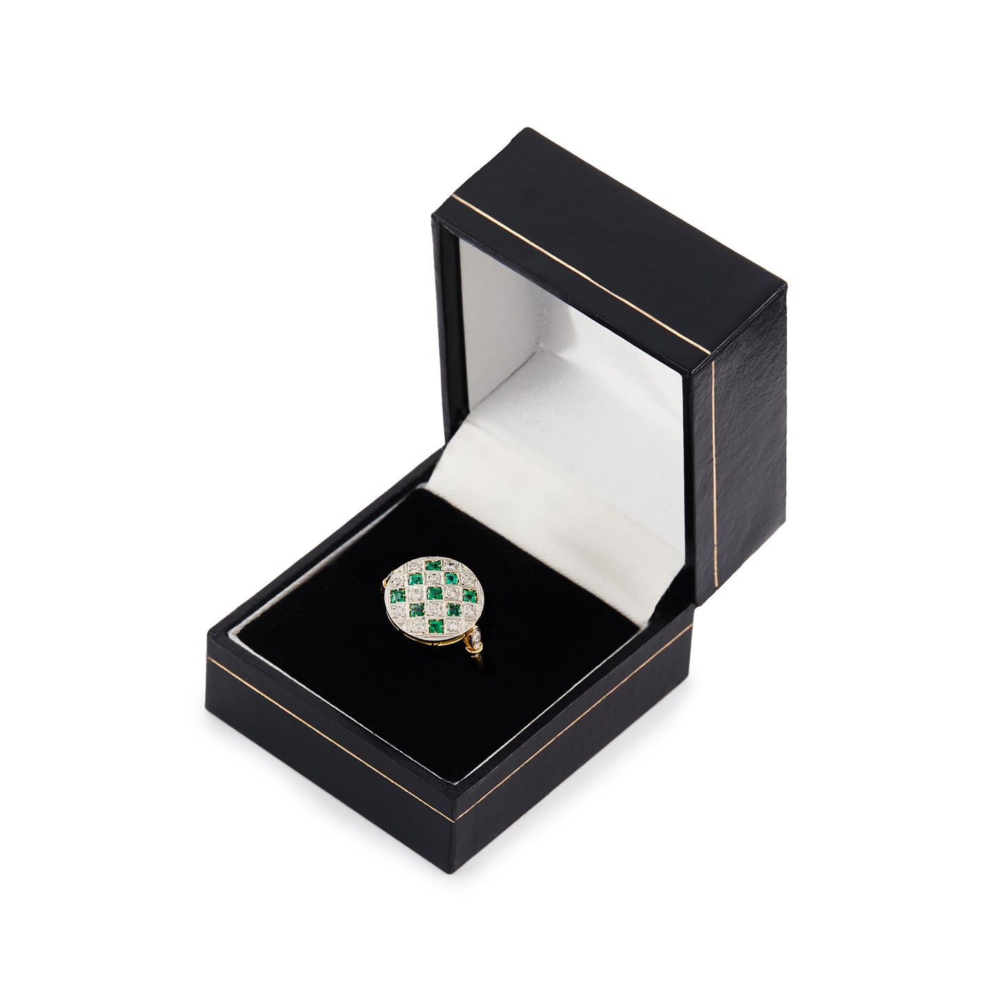 Classic 18ct gold Art Deco ring with fourteen small diamonds and nine square emeralds in a platinum setting.