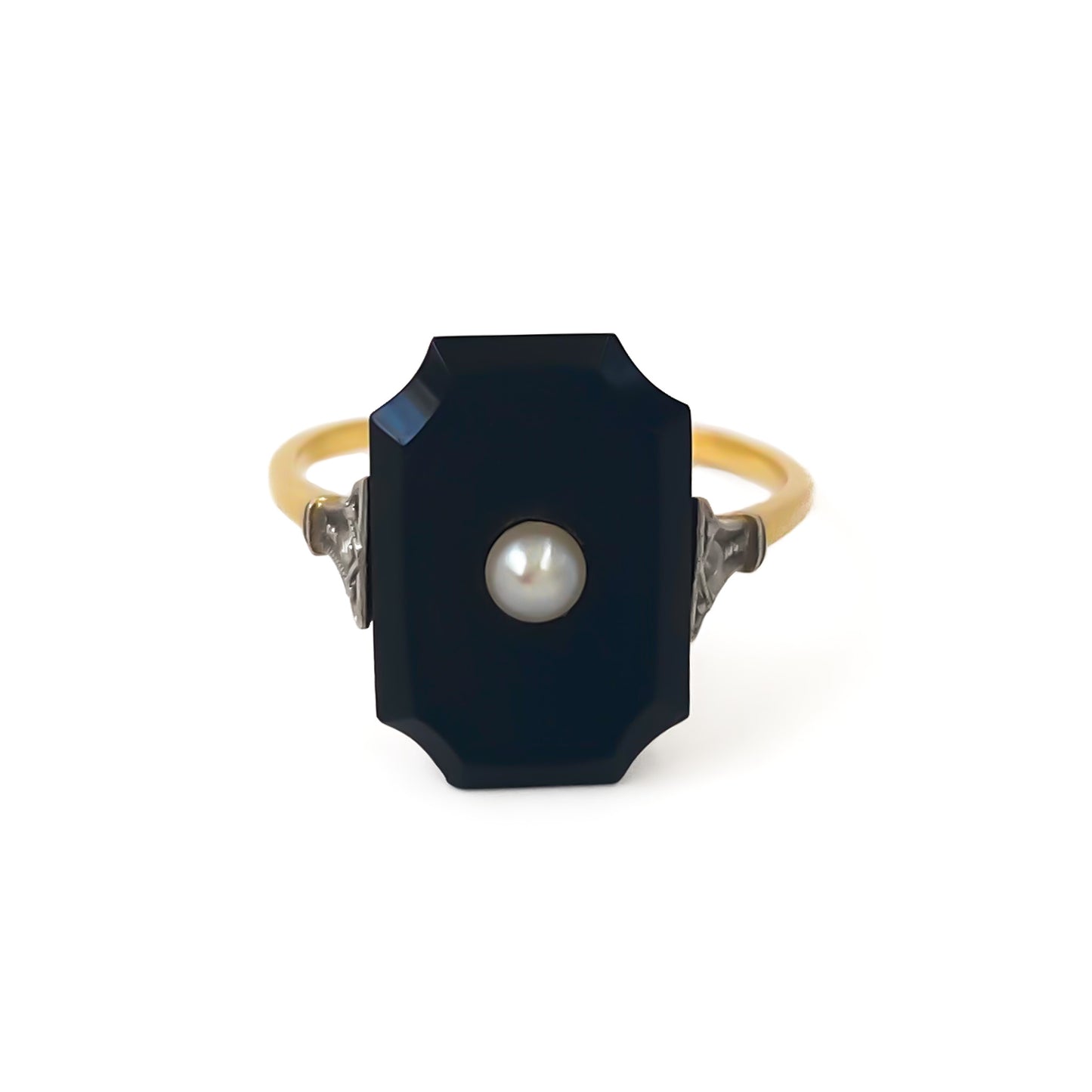 Stylish 18ct gold Art Deco onyx ring set with a single seed pearl and a mine cut diamond on each shoulder.