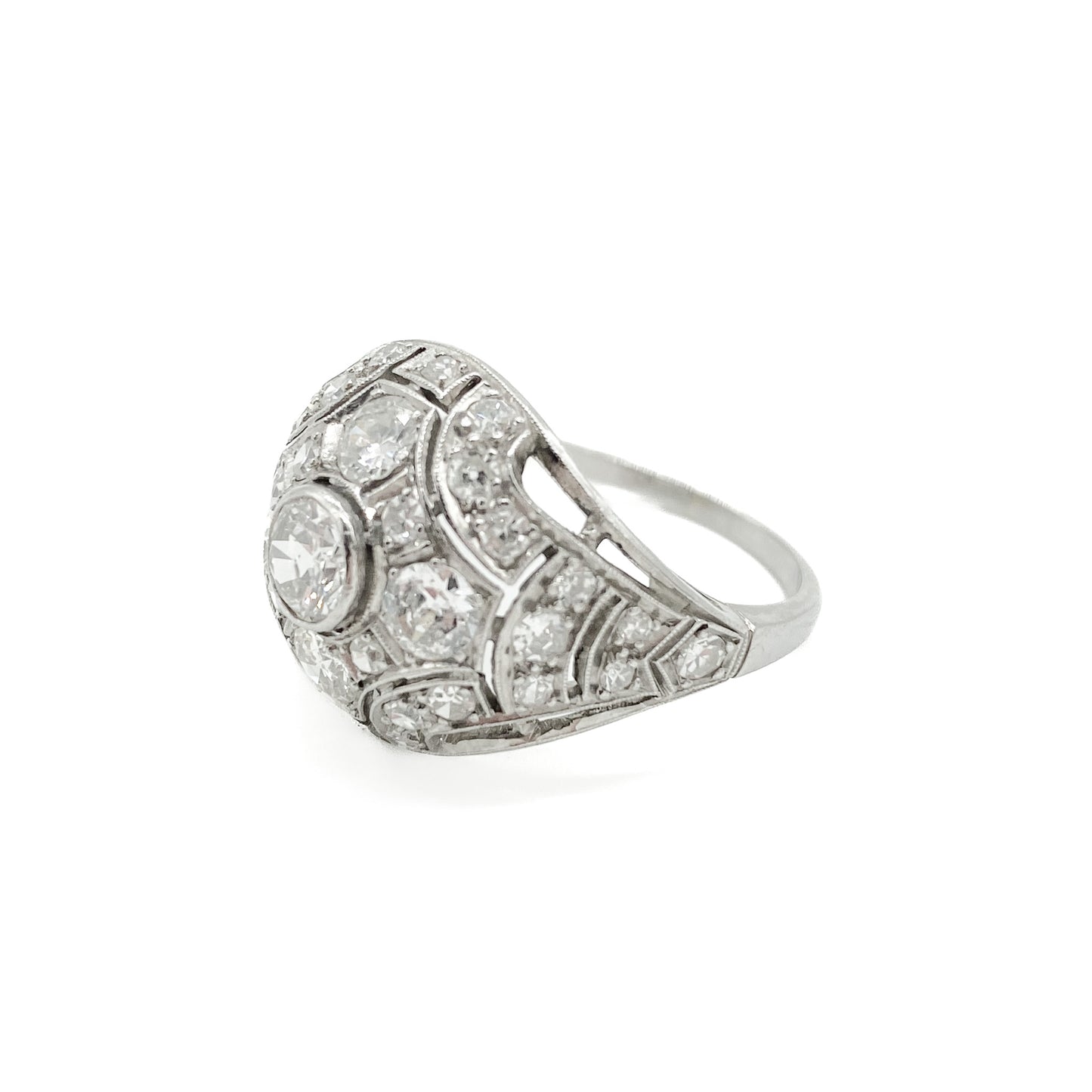 Gorgeous Art Deco 18ct white gold pavé set diamond ring with 0.50ct old-European-cut centre stone. 