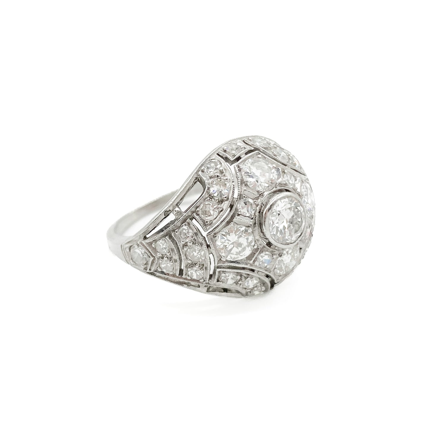 Gorgeous Art Deco 18ct white gold pavé set diamond ring with 0.50ct old-European-cut centre stone. 